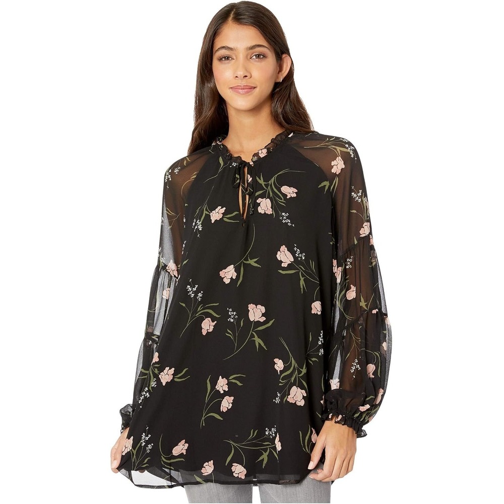 Show Me Your Mumu Womens Small Black Pink Floral Sheer Sleeve Tunic Blouse